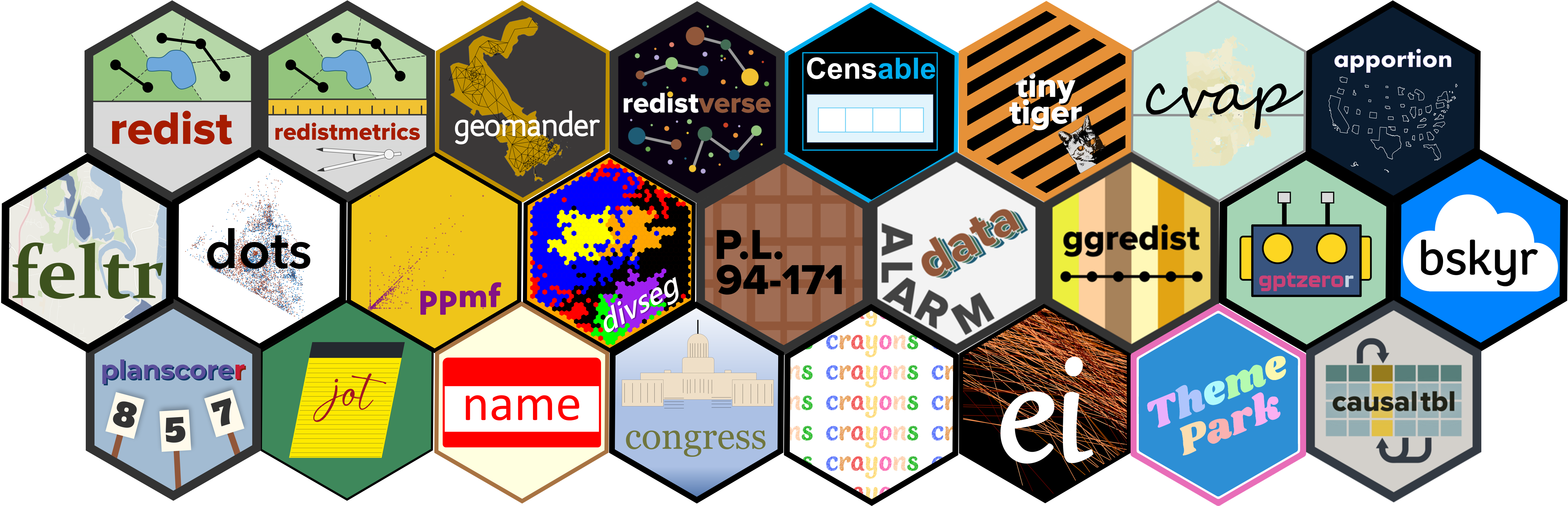 An array of hexagonal logos for discussed R packages.